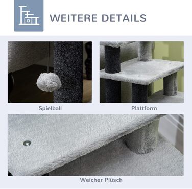 Сходинка для собак PawHut з 3/4 сходинок, 66 см, з гніздом для сну, м'ячиком, для котів та собак середніх порід, сірого кольору