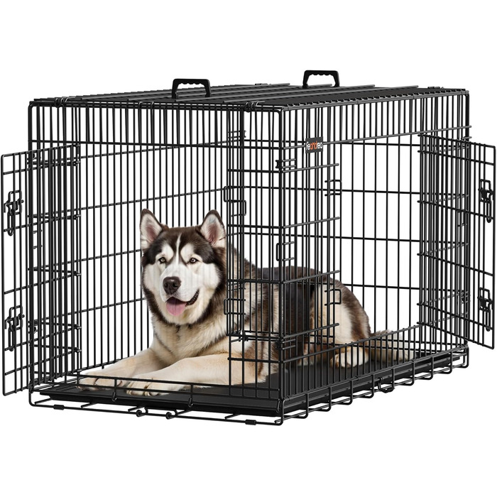 Клітка для собак Feandrea, розкладний варіант, з 2 дверцятами, висувна миска, 122 x 74,5 x 80,5 см, XXL, чорна
