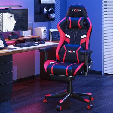 Ігровий крісло Douxlife з функцією масажу та підігрівом, ергономічний офісний крісло з підставкою для ніг, регулювання 90°-175°, м'які 2D підлокітники, геймерське крісло для ПК, 181 кг, (Червоний)