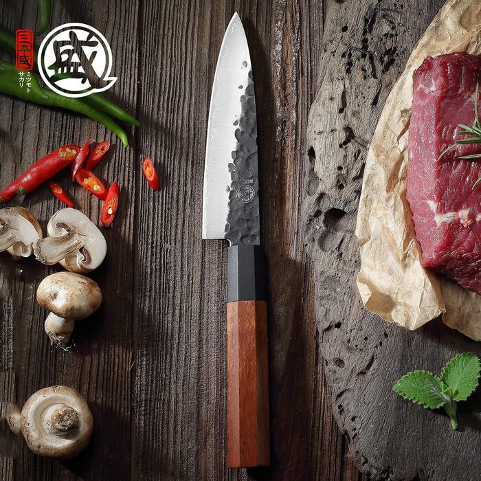 Японський ніж Santoku Mitsumoto Sakari 19 см з ручкою з рожевого дерева та дерев'яною коробкою, ніж для овочів 14 см