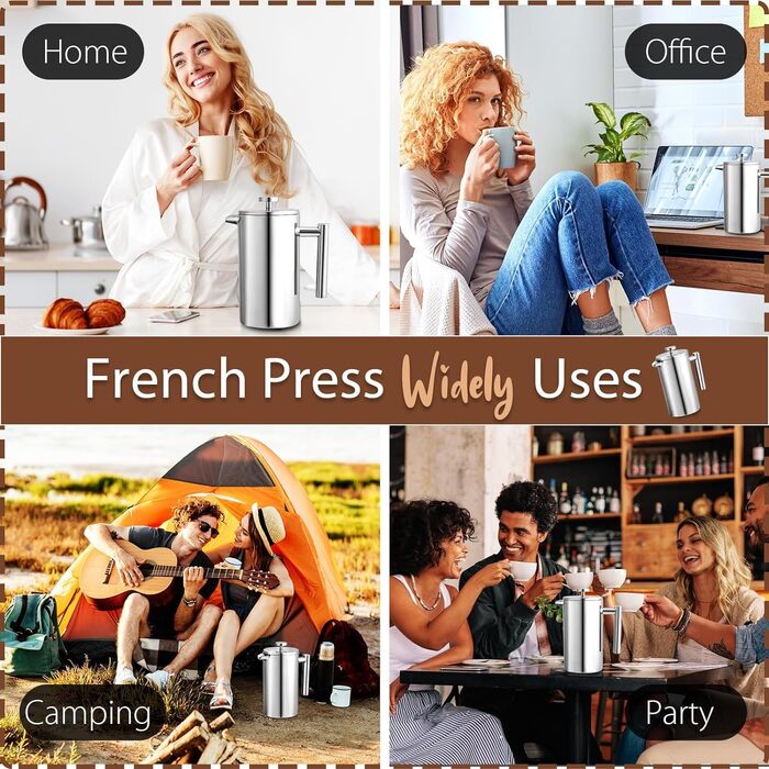 Make a French press coffee machine, 21oz stainless steel French press with a 3-level filtration system, double-walled insulated French press with 3 filters and 1 metal spoon, black