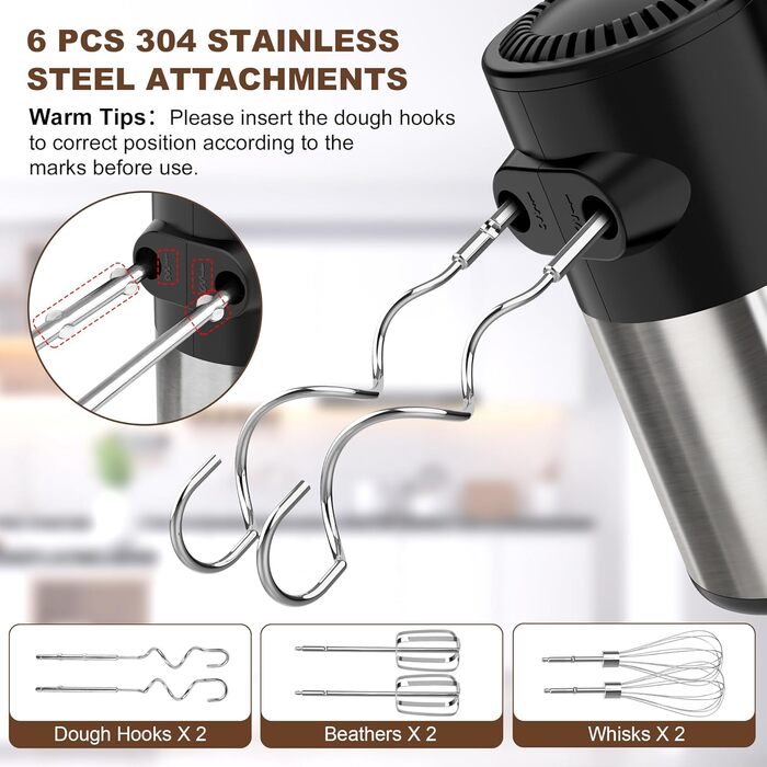 Бездротовий міксер з цифровим дисплеєм, 7 швидкостей, акумуляторний, з 6 насадками з нержавіючої сталі (міксер, вінчик, гачок для тіста) та підставкою для зберігання