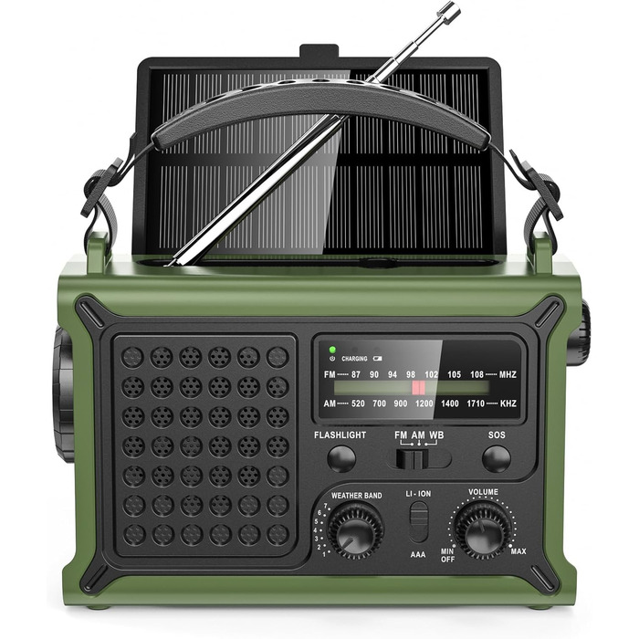 Радіоприймач Minorz 12000mAh з ручним генератором, сонячною панеллю, AM/FM, SOS, ліхтариком, IPX6, для кемпінгу та надзвичайних ситуацій, зелений