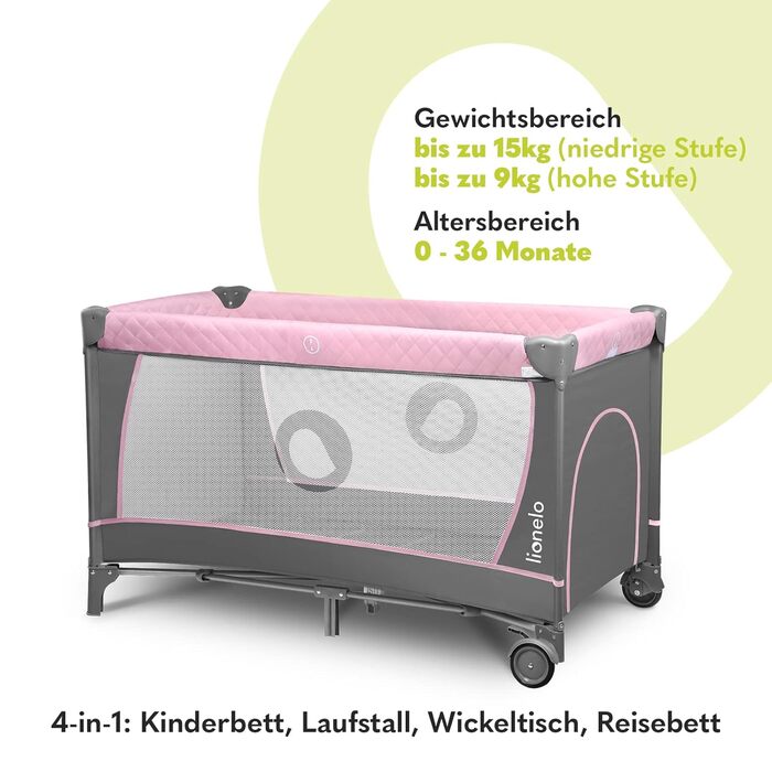 Lionelo Flower 4in1 Travel Cot Baby, Playpen Baby with Side Entrance, Changing Table, Two Mattress Suspension Heights, Play Arch with Figures, Wheels, Carry Bag 1 Piece (1 Pack) Pink