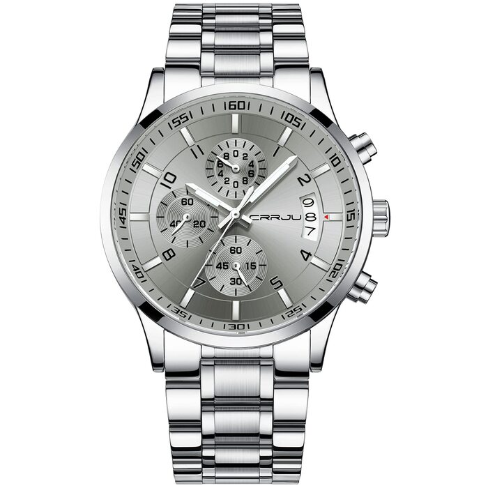 Чоловічий годинник CRRJU Business з нержавіючої сталі, водонепроникний хронограф з календарем, кварцовий годинник на сталевому браслеті (сріблясто-сірий)
