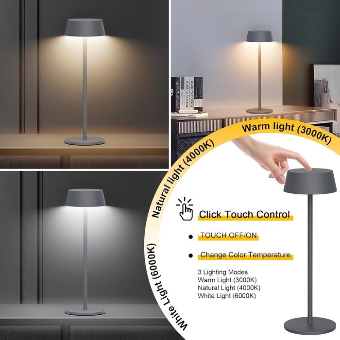 Світлодіодний акумуляторний настільний світильник Klighten з димером, сенсорний, металевий, алюмінієвий, IP54, перезаряджуваний, тепле біле світло 3000K, антрацит