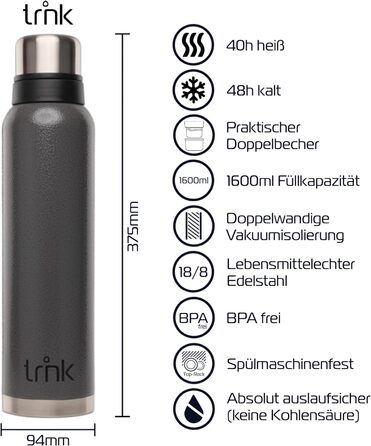 Термос Outdoor TRNK Polar 2 - 1600 мл, нержавіюча сталь, BPA-free, зберігає тепло 40 годин, 2 кришки-чашки, для миття в посудомийній машині (лісово-зелений, вулкано-сірий)