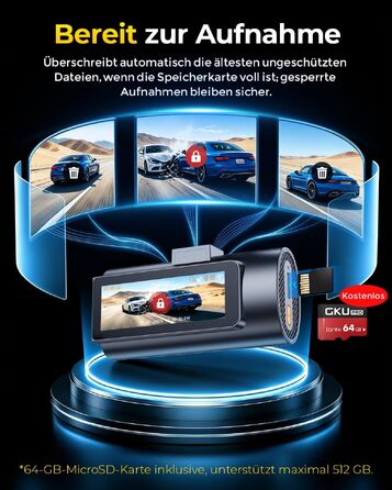 Автомобільний відеореєстратор GKU D600ProMax 4K Ultra HD з передньою та задньою камерами, сенсором STARVIS 2, WiFi 6 та карткою пам'яті SD