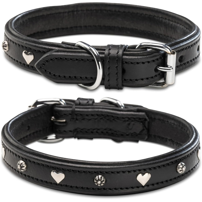 Нашийник для собак Jack Russell з натуральної шкіри чорного кольору з аплікаціями у вигляді серця та квітки, подвійний шар, розмір S (26.0-36.0)
