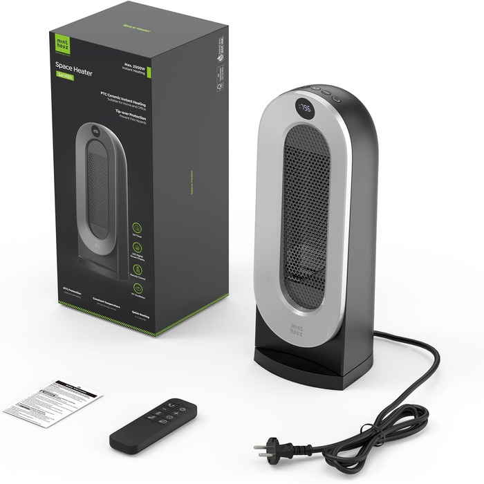 Керамічний обігрівач Minthouz 2000W з дистанційним керуванням, ECO-режимом, осциляцією 70°, таймером на 12г та захистом від перегріву, електричний обігрівач для приміщень