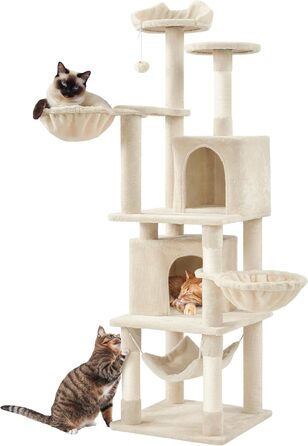 Кігтеточка Yaheetech XXL для котів, 175 см, для 3-4 котів, з платформами, гамаком, м'ячиком, бежева