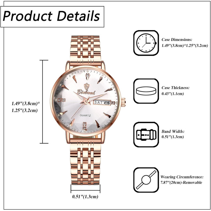Жіночий годинник JewelryWe Rosegold: аналоговий кварцовий годинник зі сталевим браслетом, водонепроникність 30м, календар, підсвічування стрілок та гранійним склом (Рожеве золото - Білий)