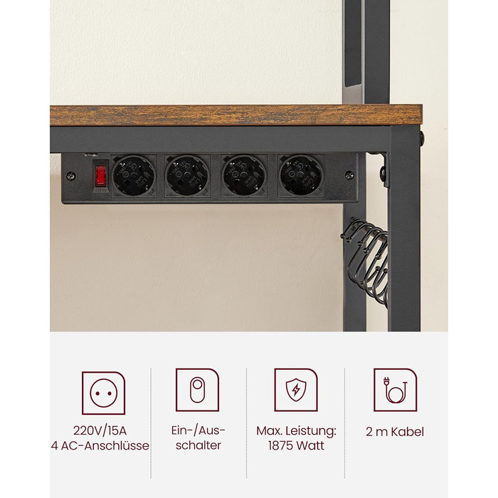 Стелаж кухонний VASAGLE з розетками, для мікрохвильової печі, з решіткою, 14 гачків, антрацит-чорний (40 x 100 x 170 см, Вінтаж-коричневий + Чорний)