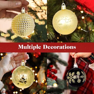 44 штуки новорічних кулі пластикові, прикраси для ялинки, набір кульок для ялинки, персоналізовані новорічні кулі білі та червоні, ялинковий декор, новорічний декор для дому та вулиці білий та червоний (золотий та чорний)