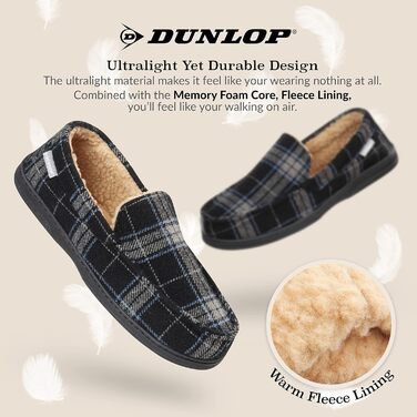 Чоловічі домашні тапочки-мокасини Dunlop з меморі-піною та флісовою підкладкою, неслизькі, розмір 41-46 (43 EU), чорний/сірий