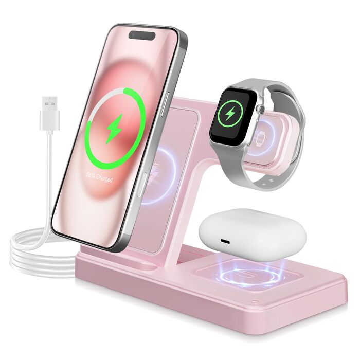 Бездротова зарядна станція 3-в-1 15W для iPhone 17 Pro Max/Plus, Apple Watch Ultra/SE, AirPods Pro (Рожева) A03