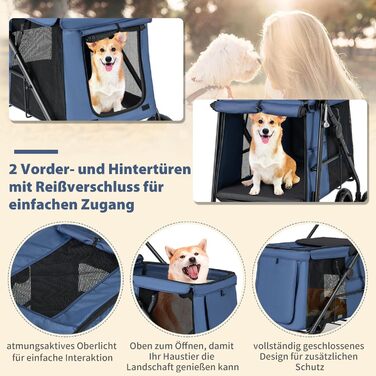 Візок для собак COSTWAY, складаний, до 40 кг, з подушкою, з сітковими віконцями, верхньою полицею, 2 дверцятами та бічними кишенями, блакитний