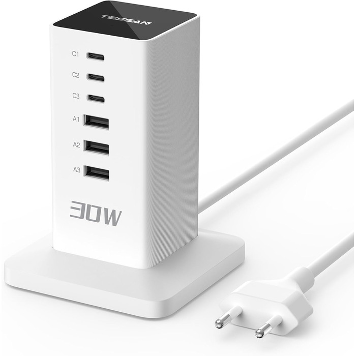 Зарядний пристрій TESSAN 30W 6-в-1 з 6 портами USB, адаптер живлення з кабелем 2м, білий