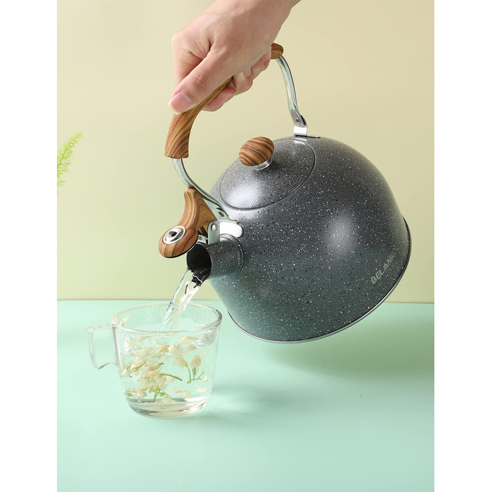 Чайник BELANKO 2,5 л з свистком, нержавіюча сталь, з дерев'ястим декором, складаний ручка, для чаю, кави, молока – блакитний (сірий)