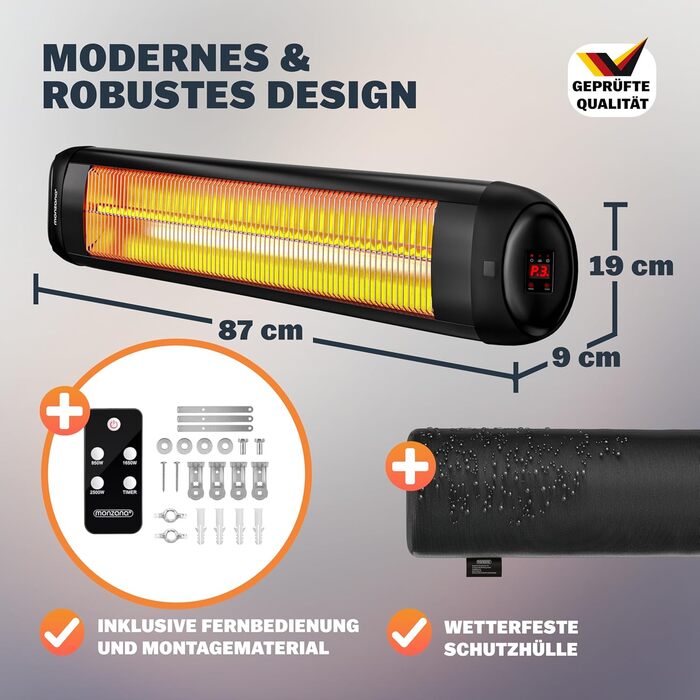 Інфрачервовий обігрівач MONZANA® MZH2501 з таймером, 2500W, 3 режими, 24 год, пульт ДУ, кут нахилу 90°, електричний, для тераси, чорний