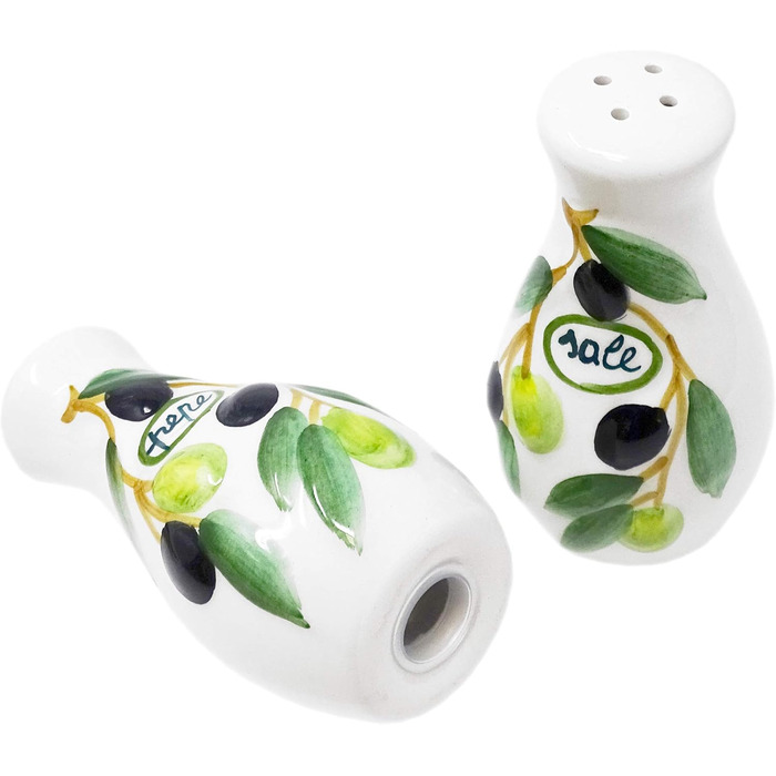 Handmade salt and pepper shaker set from Italian ceramic, 3-piece in olive green design with tray, size 14x8 cm