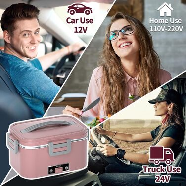 Electric Lunch Box 100W, 3-in-1 Portable Heated Lunch Box, Removable Stainless Steel Lunch Container, 12V/24V/220V Insulated Food Warmer for Car/Truck/Office, With Insulated Bag and Sponge (Pink, 1.8 L)