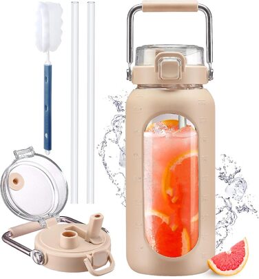 1900ml Glass Drinking Bottle with Straw and Stainless Steel Handle, Glass Water Bottle with Silicone Sleeve and Time Marker, Monitor Your Daily Water Intake 2 Liter, Light Green (Amber)