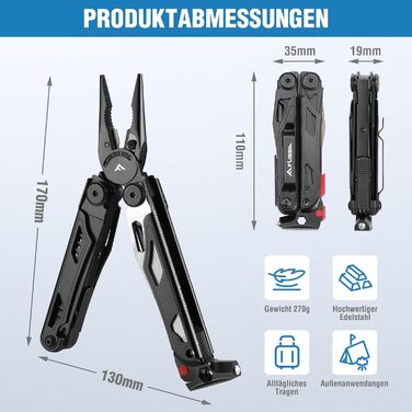 FLISSA 19-in-1 Multifunction Pliers - Survival Multitool with Glass Breaker & Fire Starter - Camping, Repair & Emergency Tool with Carrying Case