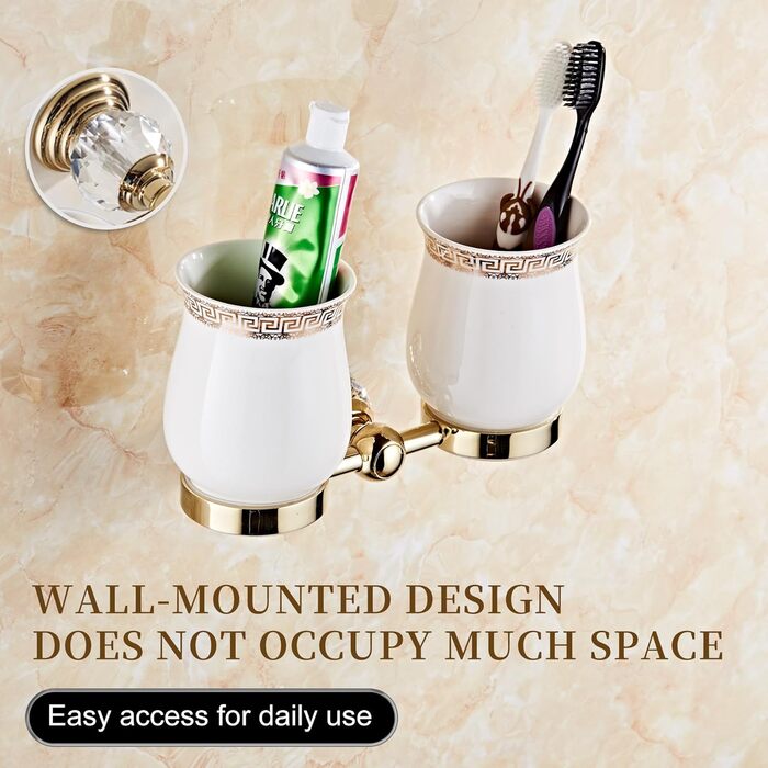 Golden Bathroom Toothbrush Holder, Gold Crystals, Bathroom Hardware (Double Toothbrush holder, Bright Gold)