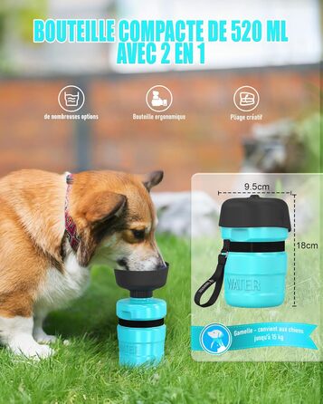 Складана пляшка для води для собак Lesotc, 520 мл, блакитний колір, для прогулянок та подорожей