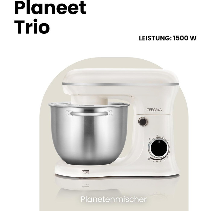 Кухонний комбайн ZEEGMA PLANEET TRIO: планетарний робот, 1500 Вт, 3 чаші (4 л, 4,5 л, 5,2 л), 10 швидкостей, міксер з гаками та вінчиком, кришка з мірним стаканом