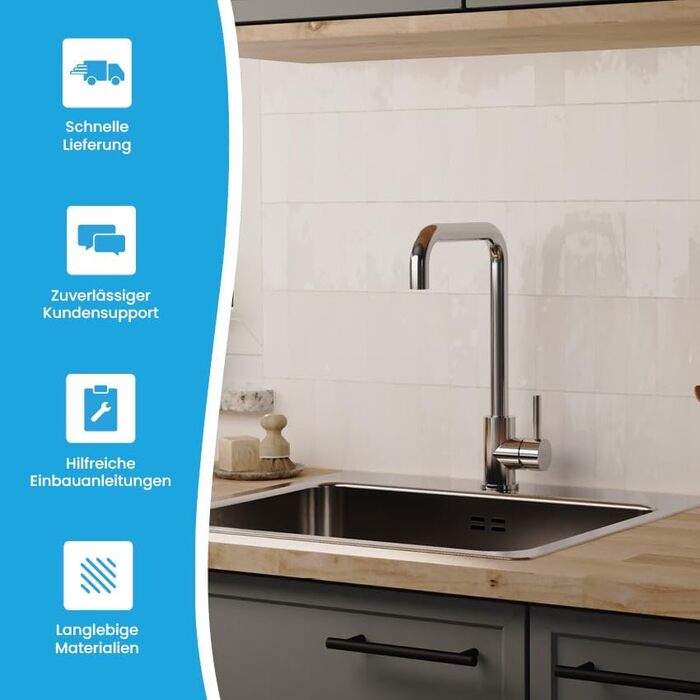Кухонний змішувач Bächlein Plivo з нержавіючої сталі, поворотний вилив, масивний дизайн, кухонний кран, кут 90 градусів, хром