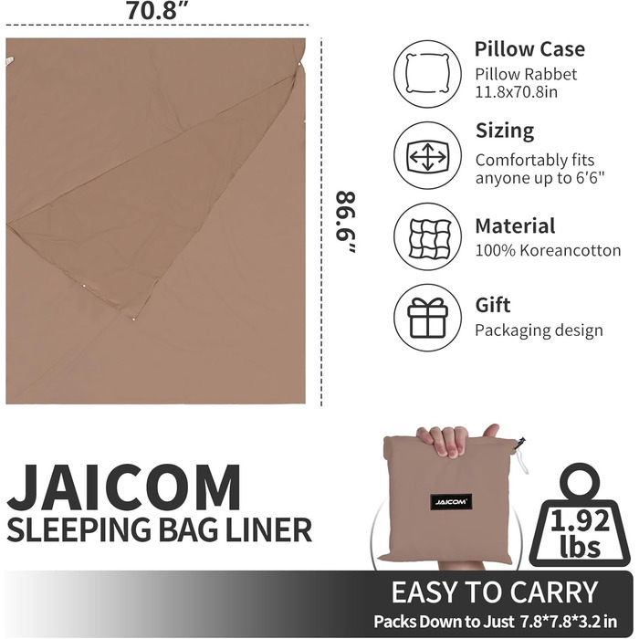 JAICOM Sleeping Bag, 2-in-1 Microfiber Sleeping Bag, Ultralight Silk Sleeping Bag for Travel - With Pillow Pocket Double Sleeping Bag, Ideal for Backpacking, Hotels & Huts, 180 * 220 cm