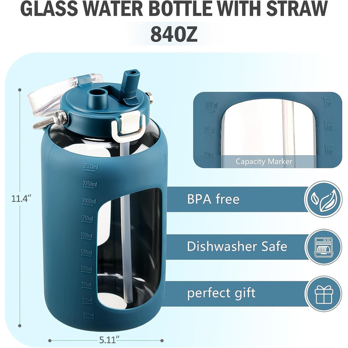 BLUEGO 2500ml Glass Water Bottle with Stainless Steel Handle, 2.5L Large Water Bottle with Time Markers and Silicone Sleeve, Half Gallon Water Jug BPA-free for Sports, Daily Use, Light Green (Dark Blue)