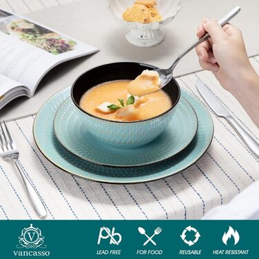 Stoneware Combination Service, vancasso GUTO Dinnerware Set, 16-piece dining set with 4 dinner plates, dessert plates, bowls, and cups for 4 people