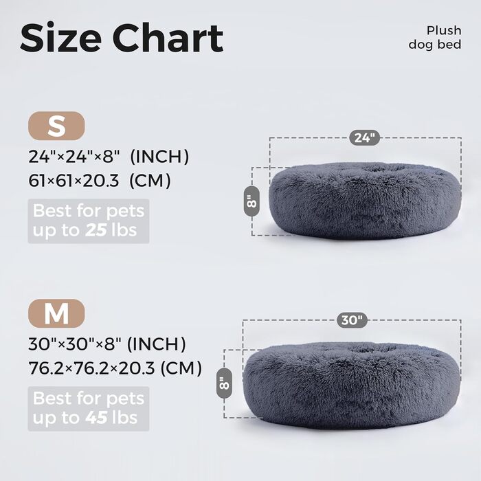 Кругле ліжко для собак та котів WESTERN HOME, анти-тривожне, м'яке, тепле, з штучного хутра, сіре (50,8 x 24.0 x 24.0 x 8.0 см)