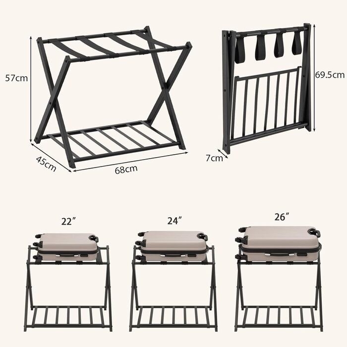 GIANTEX Folding Luggage Rack, 2-Tier, 68 x 43 x 58 cm, Luggage Stand, Metal Luggage Rack, Space-Saving, Luggage Rack for Bedroom, Guest Room, Hotel, Black (2 Pieces, Black)