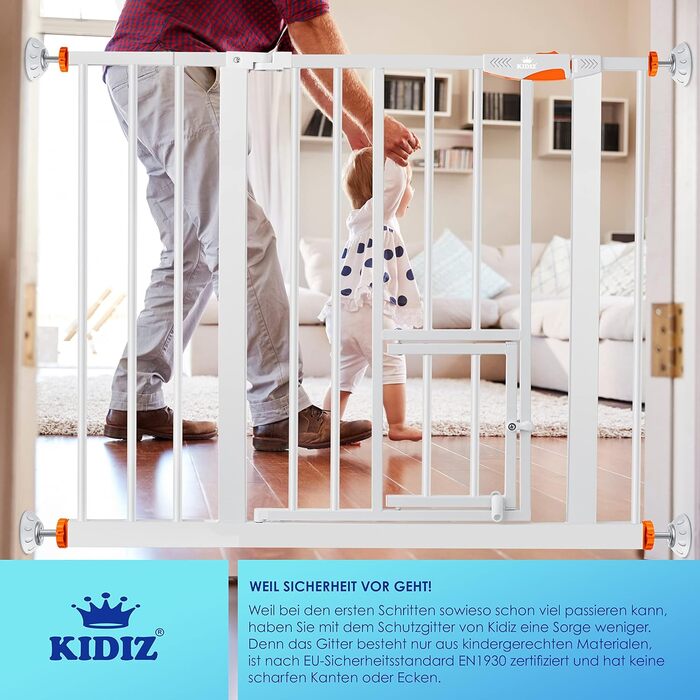 Захисне ворота KIDIZ для котів з люком, без свердління, для дітей, біле | 90° фіксація, поворотне, ширина: 88-101 см, помаранчевий