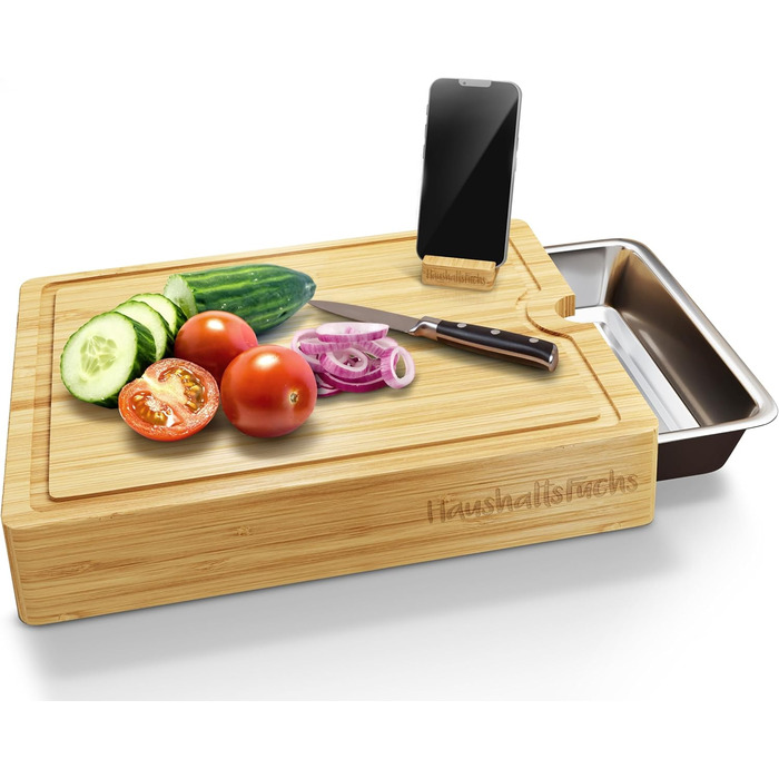 HaushaltsFuchs® Premium 100% FSC® Bamboo Cutting Board with Large Catch Basin, Phone Holder & Juice Groove – XXL Wooden Cutting Board with Stainless Steel Catch Basin - Cutting Board with Tray/Bowl (non-slip)