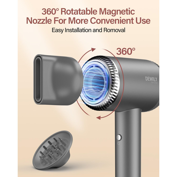 Іонізатор для волосся DEWILY, фен з магнітним дифузором, 110,000 RPM безщітковий мотор, швидке сушіння, подорожний фен, 300 мільйонів негативних іонів, сірий (з 2 насадками) Classic Grey