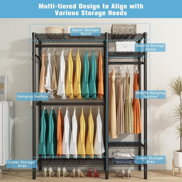 KZOBYD Clothes Rack, Freestanding Clothes Rod with Shelf Metal Wardrobe with Hanging Rods Black Open Clothes Closet with 4 Adjustable Shelves for Coats, Dresses, Shoes