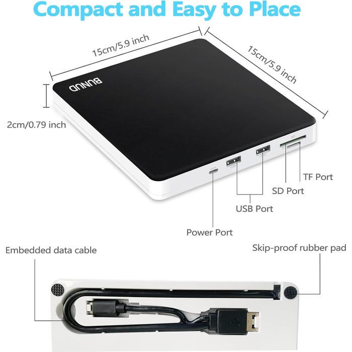 Зовнішній CD/DVD привід BU USB 3.0 & Type-C, DVD+/-RW ROM записувач з картридером SD/TF та USB-портами для ноутбука, PC, MacBook, Windows 11/10, macOS (чорний/білий)