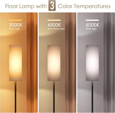 Світлодіодна торшерна лампа 9W з регулюванням яскравості, 3 колірні температури, тканинний абажур, вимикач на нозі, вінтажний дизайн, сірий колір