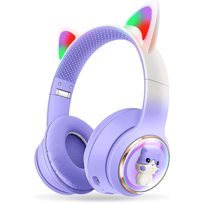 Дитячі навушники AXFEE з Bluetooth, котячі вушка, LED-підсвічування, Over-Ear, бездротові, з мікрофоном, Micro SD/TF, для телефону/планшета/ПК (#02 фіолетовий v5.3)