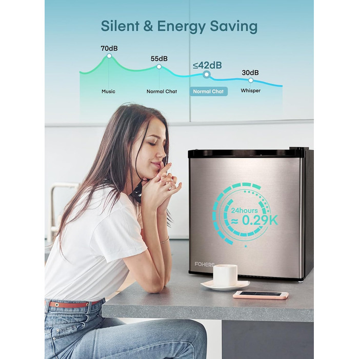 Міні холодильник 46 л з відділенням для льоду, тиха робота 42 дБ, регулювання температури, для кухні, офісу, спальні, готелів та маленьких квартир (колір нержавіюї сталі)