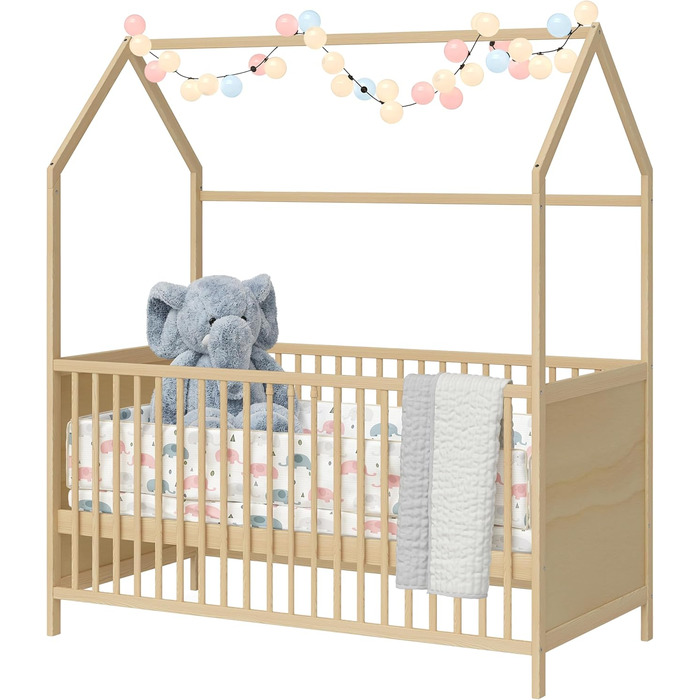Bellabino Nika Babybett in House Design 70 x 140 cm, cot and house bed for children and babies made of solid pine wood in natural finish, 3-fold height adjustable including slatted base.