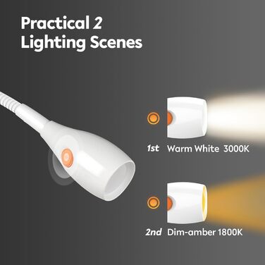 Світлодіодна настільна лампа Acegoo для читання з гнучким регульованим кронштейном (білий). Лампа для ліжка, настінна, диммована, 3000K, поворотна головка для спальні та книг.