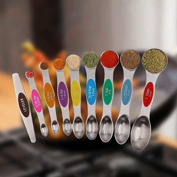 FBHappiness 9-Piece Measuring Spoon Set, Magnetic Double-Sided Teaspoon and Tablespoon Stainless Steel, Stackable, Suitable for Various Spice Jars and Measuring Cups.