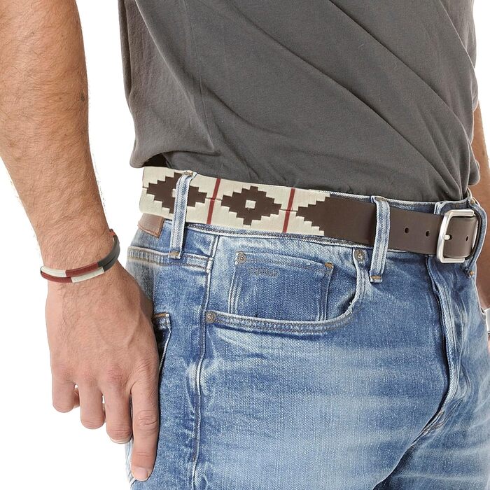 Чоловічий/жіночий шкіряний ремінь з шнуром та браслетом. Аргентинський шкіряний ремінь ручної роботи (бежево-червоний, 110 см)