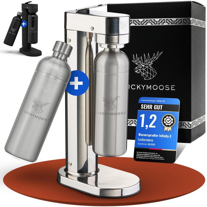 Сифон для газування води Luckymoose Infinity-S з нержавіючої сталі, 2 пляшки 1.25л, сріблястий - надійний генератор газованої води з гігієнічною насадкою